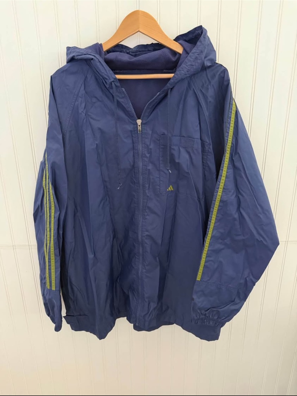 adidas Men’s Navy Hooded Windbreaker with Olive Green Stripe Accents size XXL